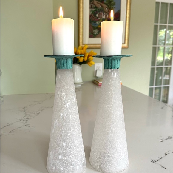 RARE Vintage Toyo Candle Holders, Scavo Glass, Verdigris Bronze, Exc. Cond - Picture 5 of 11